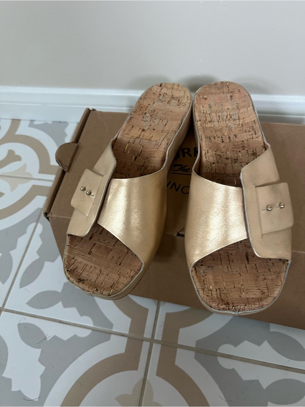 Sundance Gold Leather Cork Slide Mules
